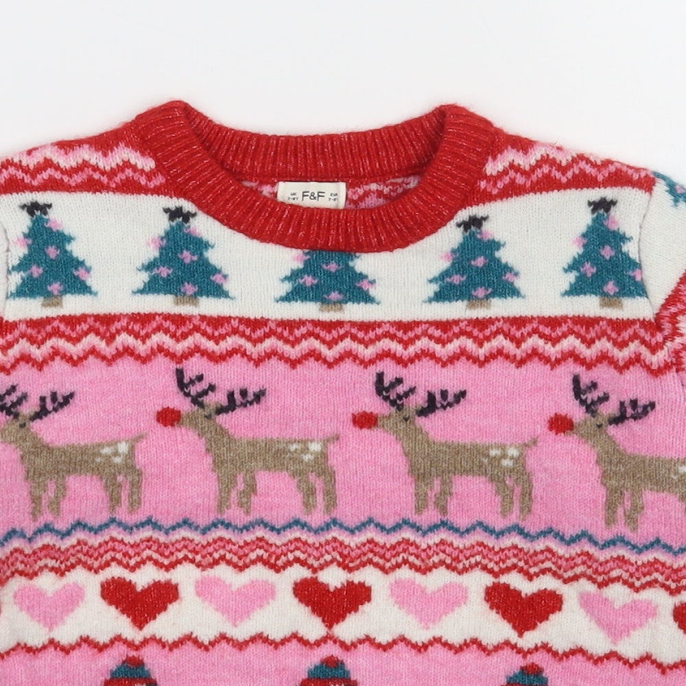 F&F Girls Multicoloured Round Neck Fair Isle Polyester Pullover Jumper Size 7-8 Years  Pullover - Christmas
