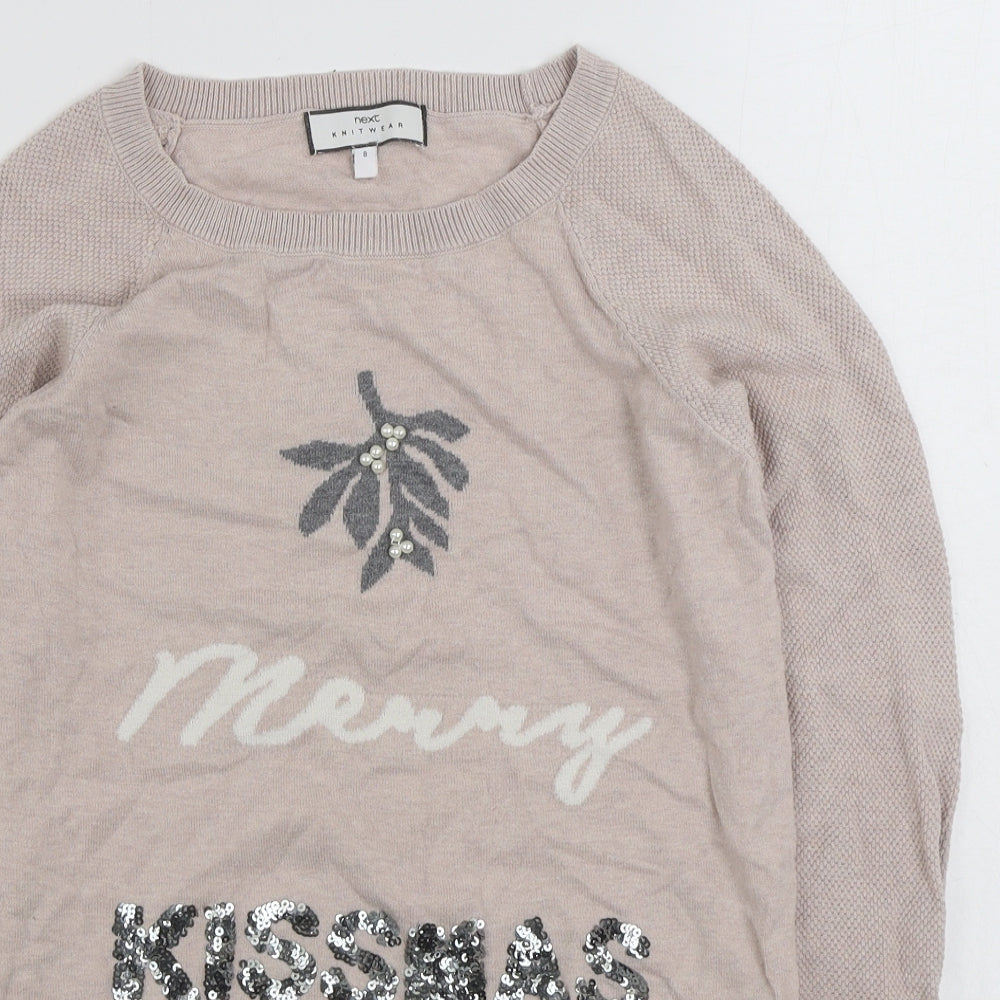 NEXT Womens Beige Round Neck  Cotton Pullover Jumper Size 8   - Christmas