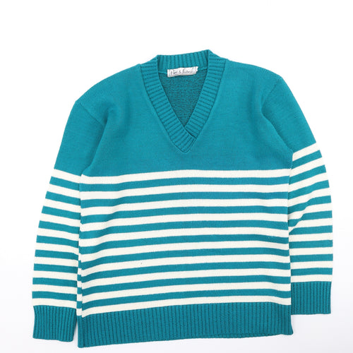 Pure & Natural  Womens Green V-Neck Striped Acrylic Pullover Jumper Size S