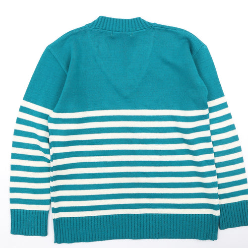 Pure & Natural  Womens Green V-Neck Striped Acrylic Pullover Jumper Size S