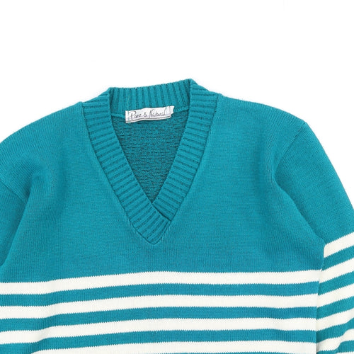 Pure & Natural  Womens Green V-Neck Striped Acrylic Pullover Jumper Size S