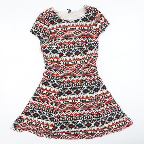 Divided Womens Multicoloured Geometric Polyester Fit & Flare  Size 6  Round Neck