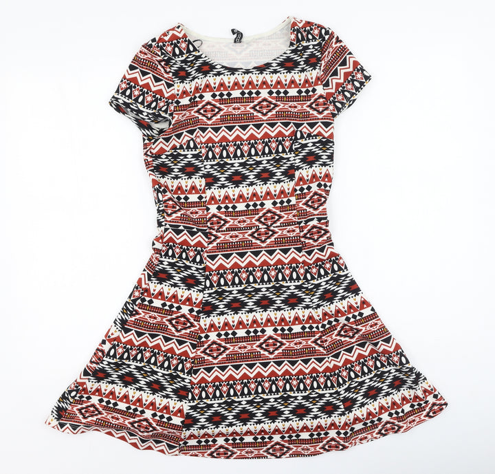 Divided Womens Multicoloured Geometric Polyester Fit & Flare Size 6 Round Neck
