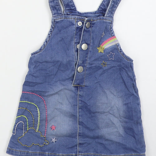 Blue Zoo Girls Blue  Cotton Pinafore/Dungaree Dress  Size 9-12 Months  Square Neck Button - Unicorn Rainbow