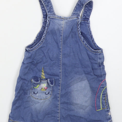 Blue Zoo Girls Blue  Cotton Pinafore/Dungaree Dress  Size 9-12 Months  Square Neck Button - Unicorn Rainbow