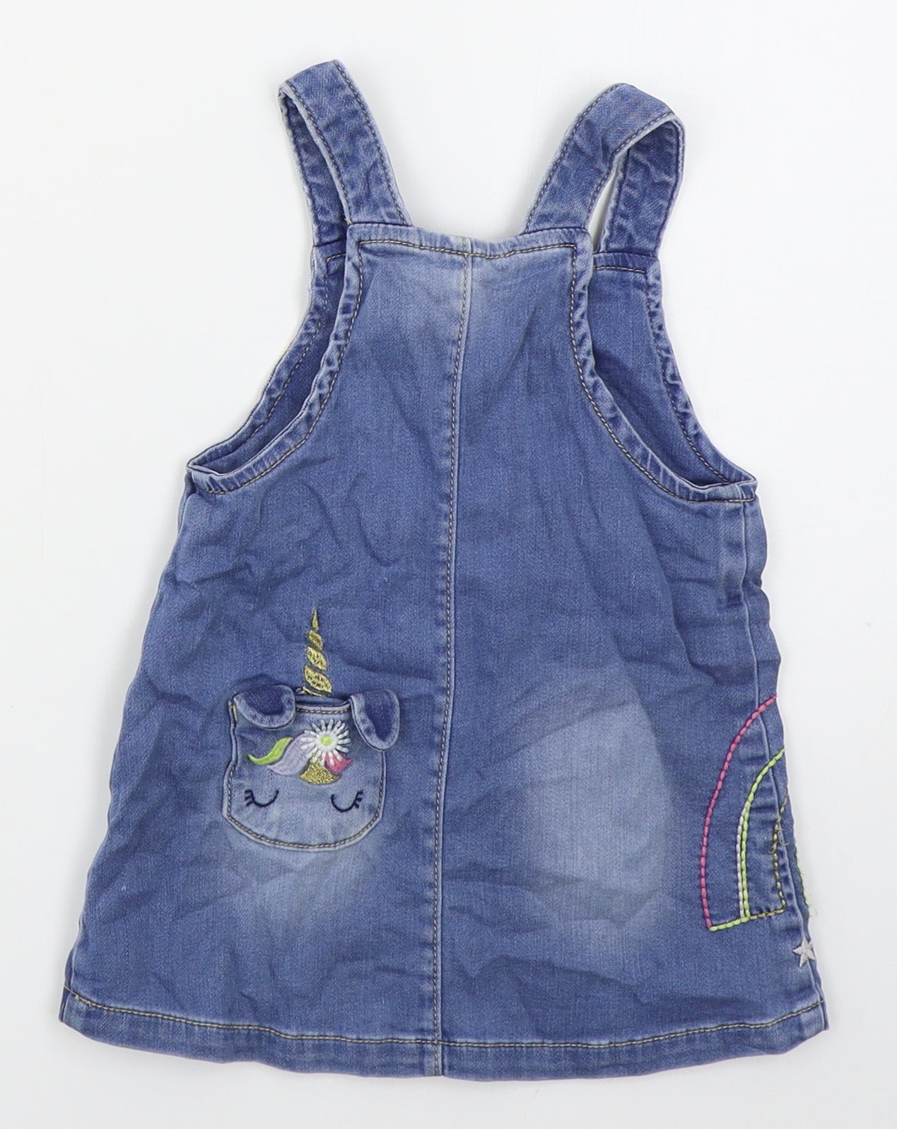 Blue Zoo Girls Blue  Cotton Pinafore/Dungaree Dress  Size 9-12 Months  Square Neck Button - Unicorn Rainbow
