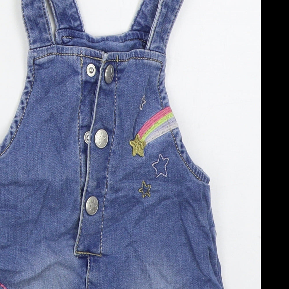 Blue Zoo Girls Blue  Cotton Pinafore/Dungaree Dress  Size 9-12 Months  Square Neck Button - Unicorn Rainbow