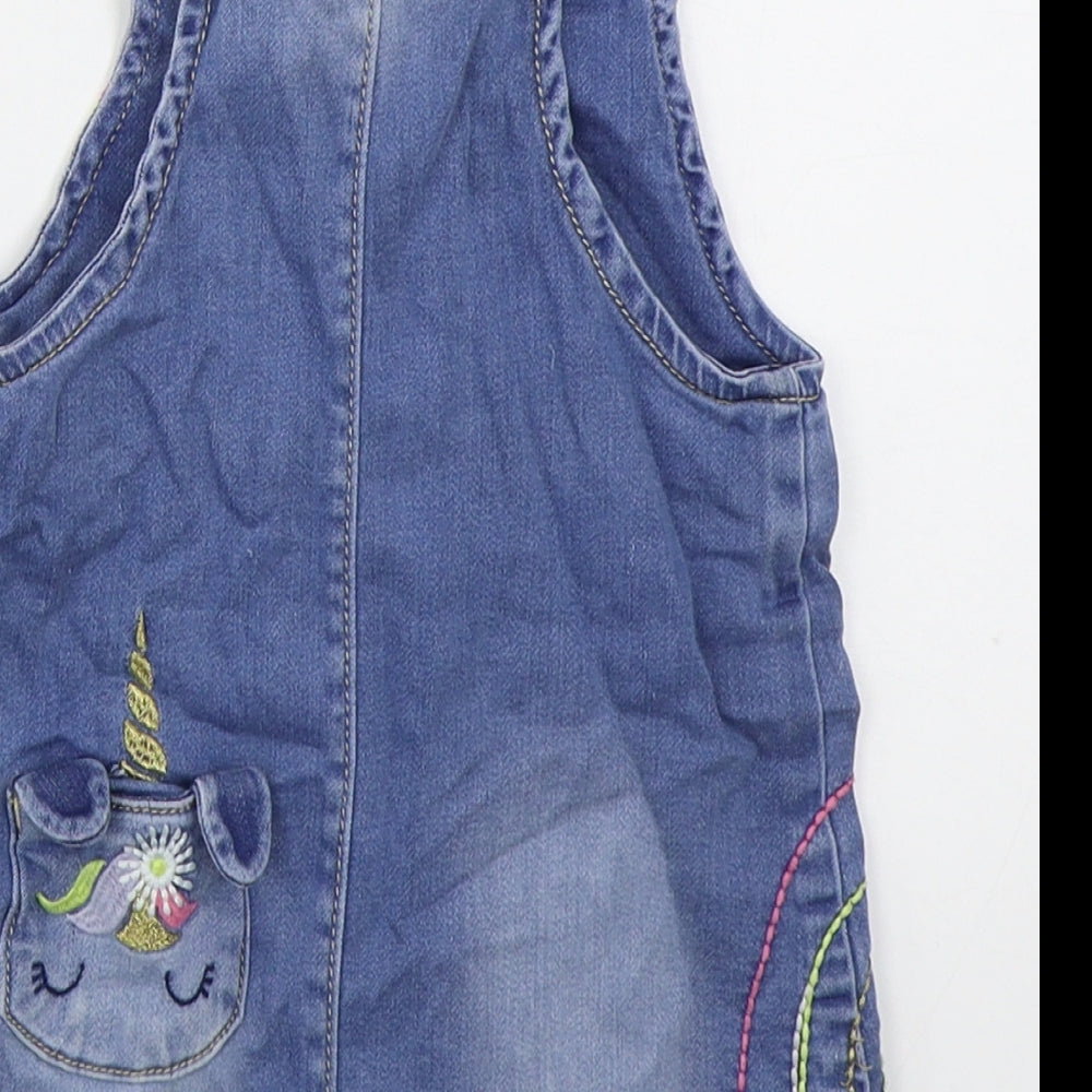 Blue Zoo Girls Blue  Cotton Pinafore/Dungaree Dress  Size 9-12 Months  Square Neck Button - Unicorn Rainbow
