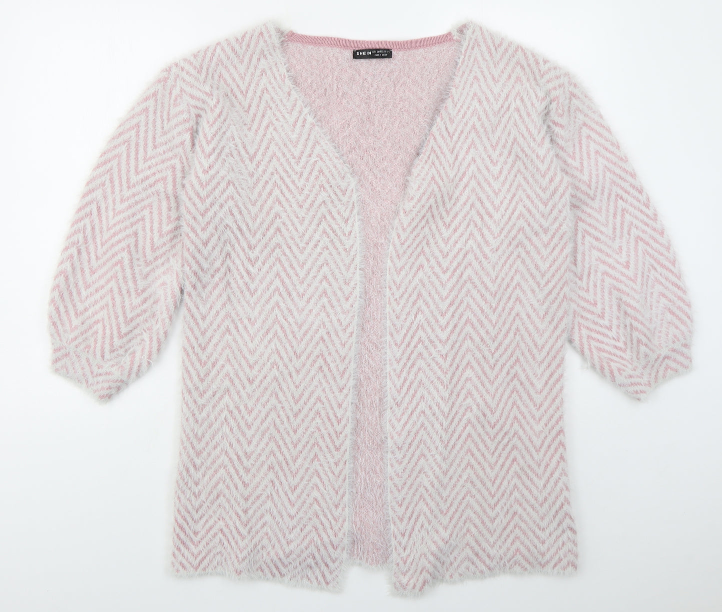 SheIn Womens Pink V-Neck Herringbone Polyester Cardigan Jumper Size L