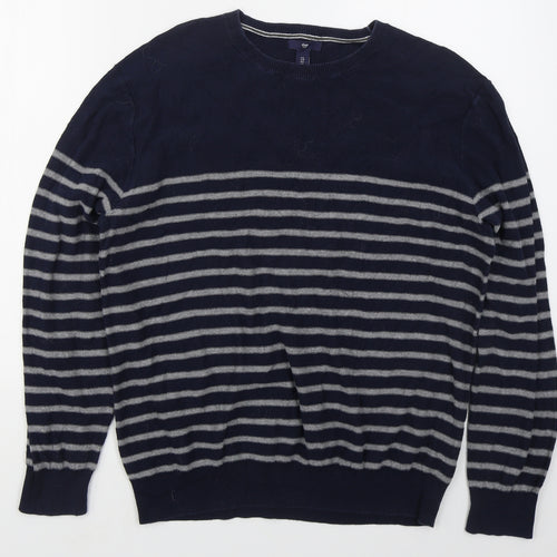 Gap Mens Blue Crew Neck Striped Cotton Pullover Jumper Size L