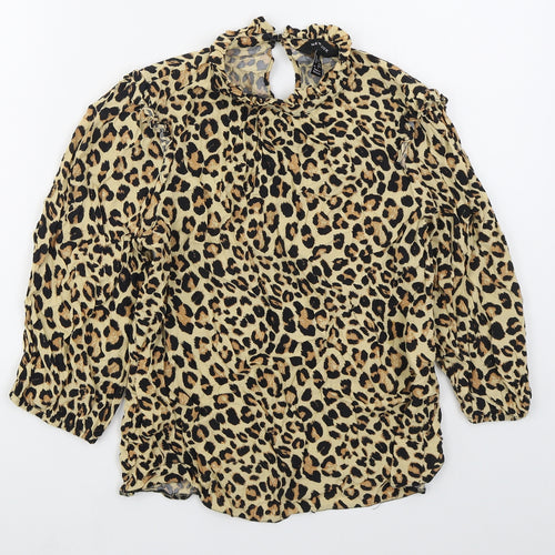 New Look Womens Brown Animal Print Viscose Basic Blouse Size 10 Round Neck