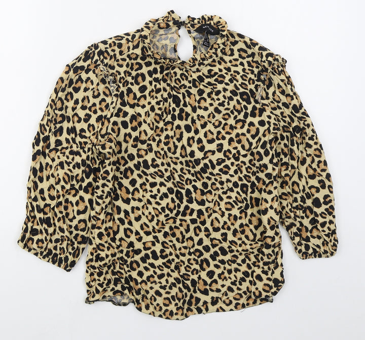 New Look Womens Brown Animal Print Viscose Basic Blouse Size 10 Round Neck