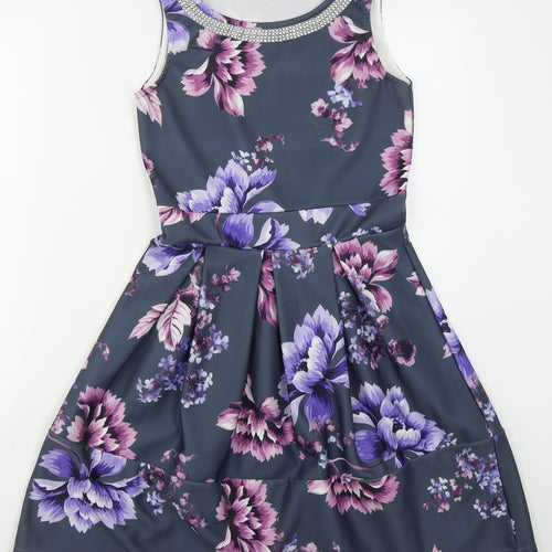 Want That Trend Womens Grey Floral Polyester Skater Dress  Size 12  Round Neck Pullover