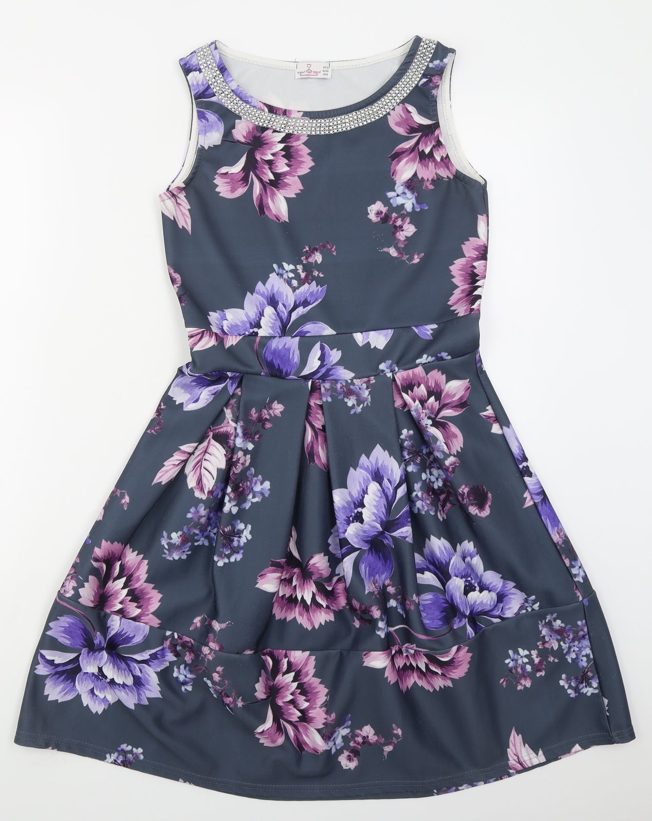 Want That Trend Womens Grey Floral Polyester Skater Dress  Size 12  Round Neck Pullover