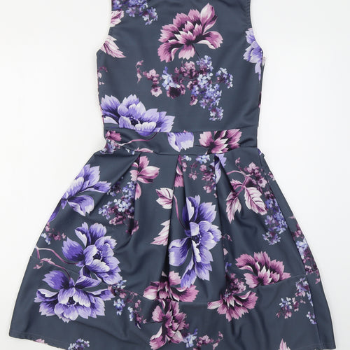 Want That Trend Womens Grey Floral Polyester Skater Dress  Size 12  Round Neck Pullover