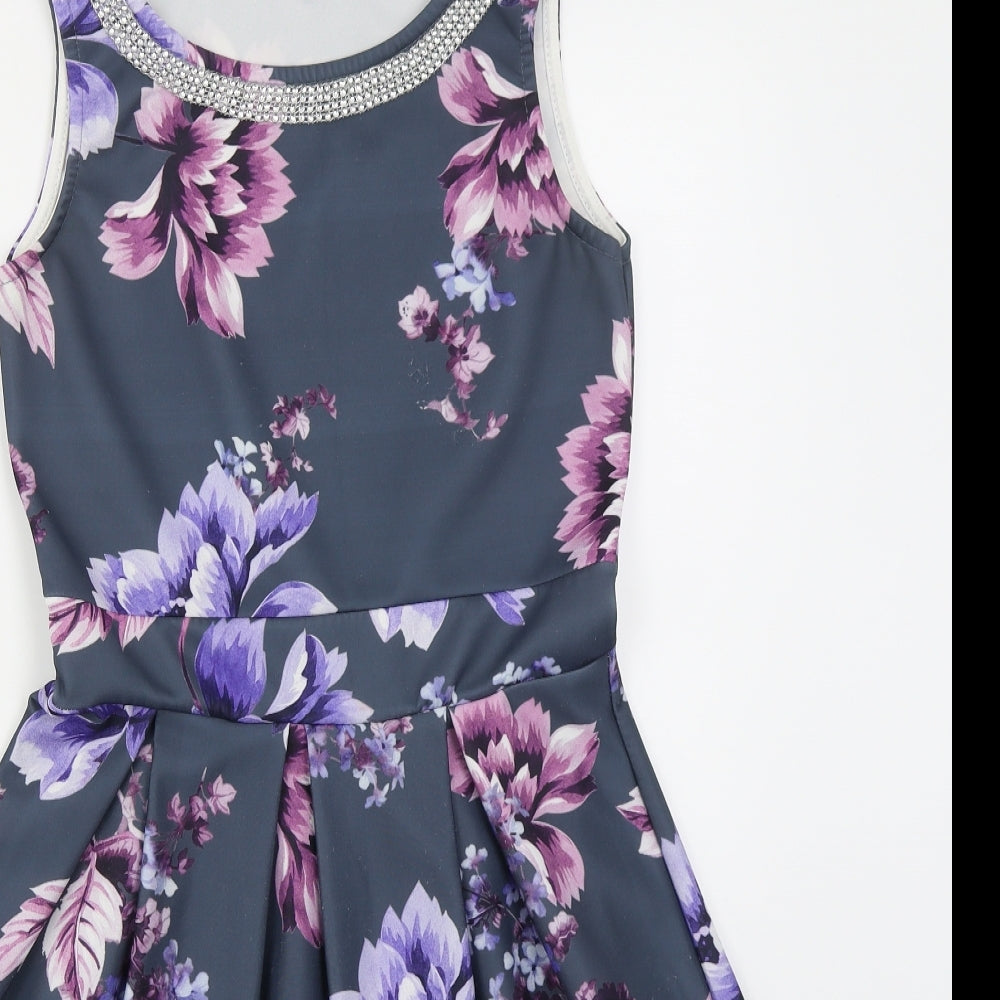 Want That Trend Womens Grey Floral Polyester Skater Dress  Size 12  Round Neck Pullover