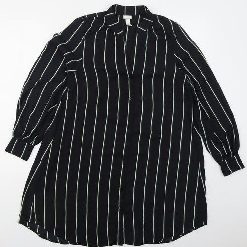 H&M Womens Black Striped Polyester Shirt Dress  Size 6  V-Neck Button