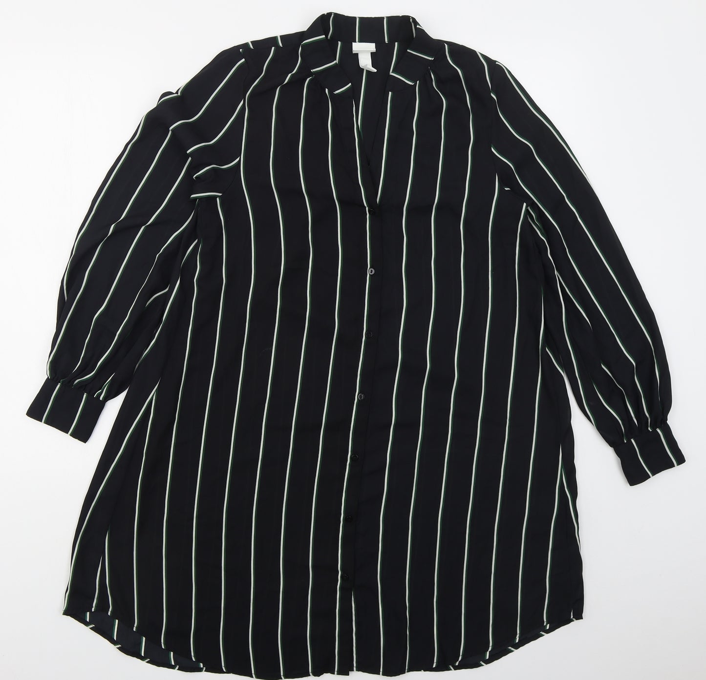 H&M Womens Black Striped Polyester Shirt Dress  Size 6  V-Neck Button