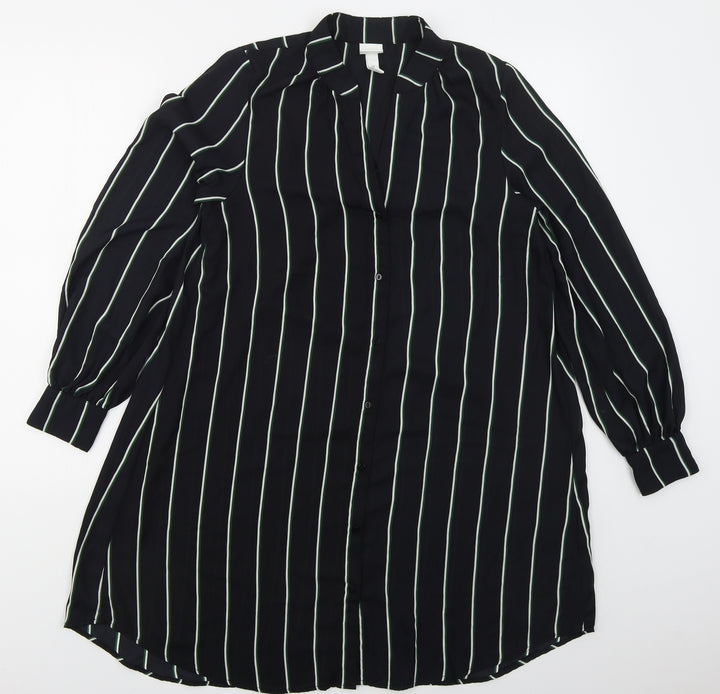 H&M Womens Black Striped Polyester Shirt Dress  Size 6  V-Neck Button