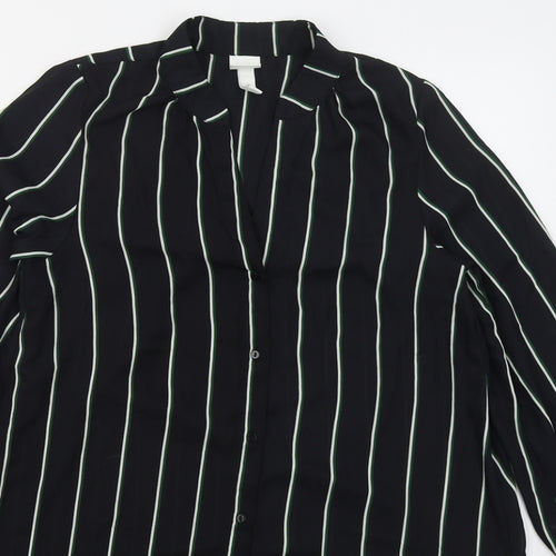 H&M Womens Black Striped Polyester Shirt Dress  Size 6  V-Neck Button