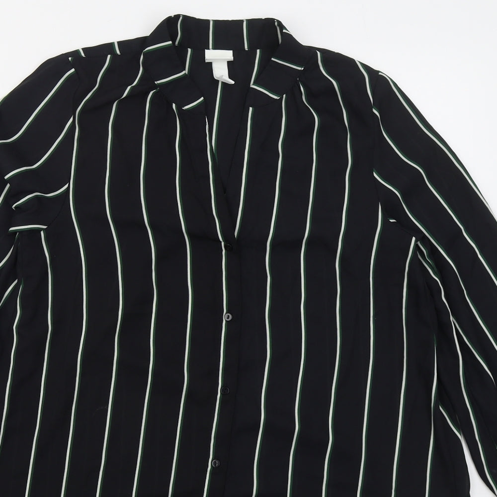 H&M Womens Black Striped Polyester Shirt Dress  Size 6  V-Neck Button