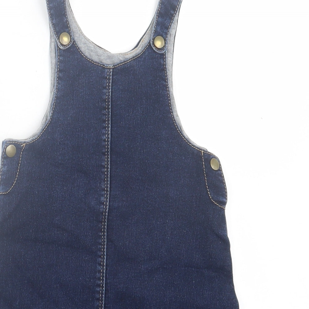 Marks and Spencer Girls Blue  Cotton Pinafore/Dungaree Dress  Size 18-24 Months  Crew Neck Button