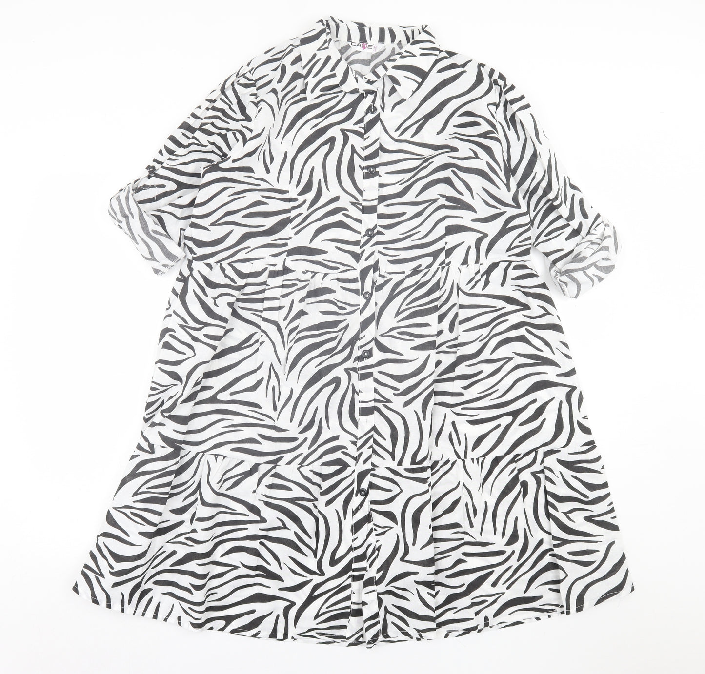 cave Womens White Animal Print Polyester A-Line  Size 12  Collared Button