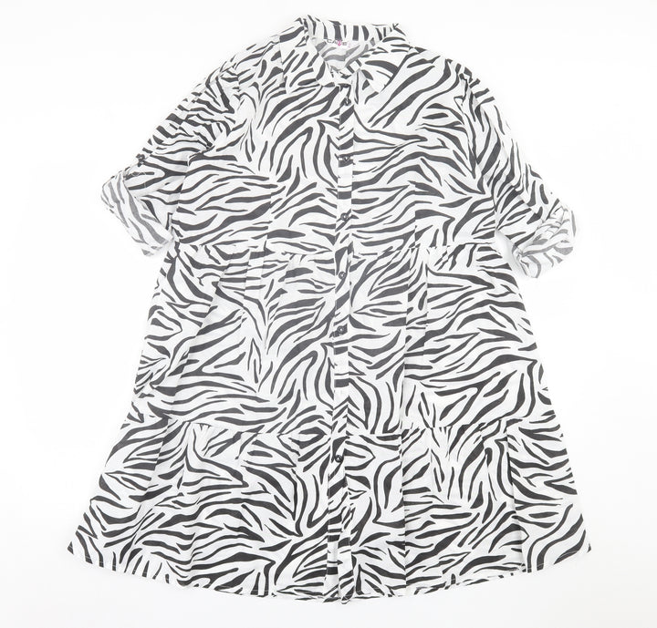 cave Womens White Animal Print Polyester A-Line  Size 12  Collared Button