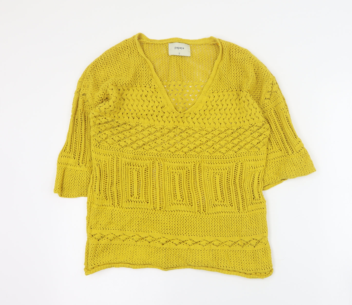 Papaya Womens Yellow V-Neck  Cotton Pullover Jumper Size S