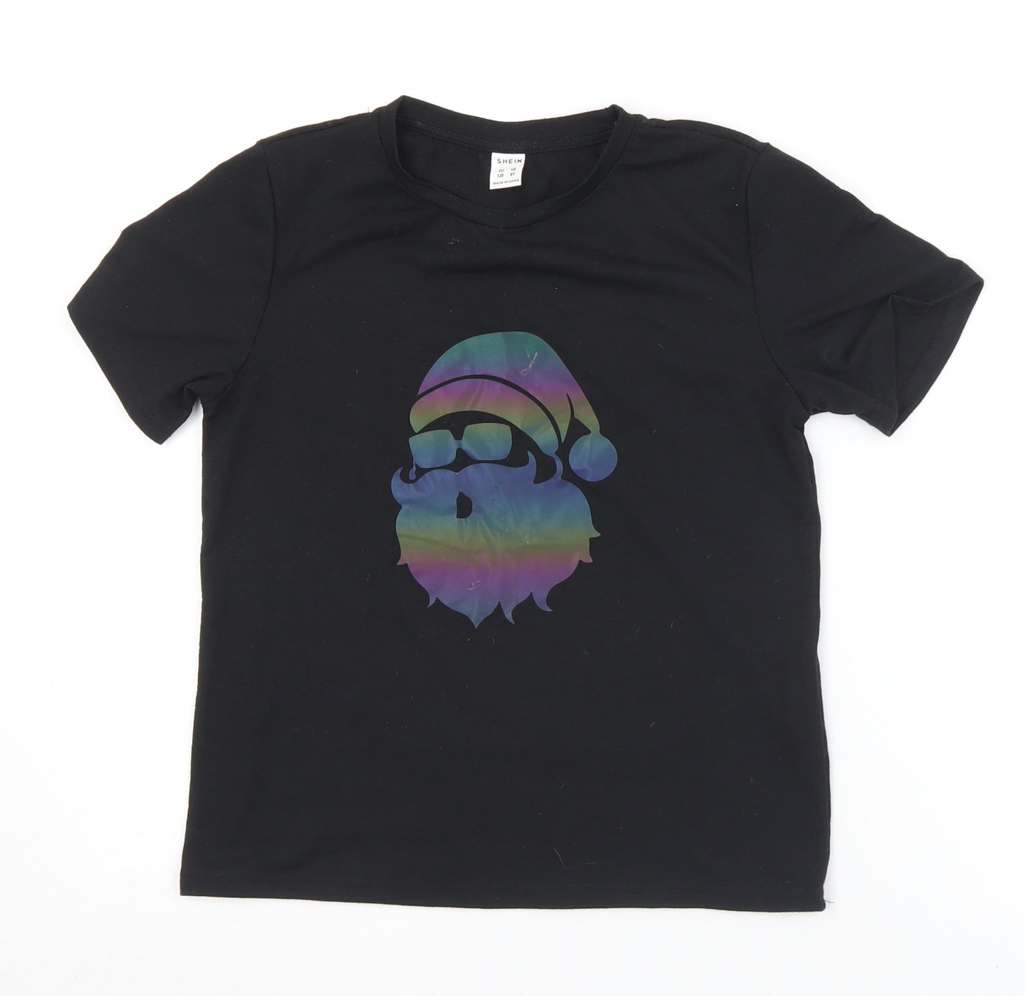 SheIn Girls Black  Polyester Basic T-Shirt Size 8 Years Crew Neck  - Christmas
