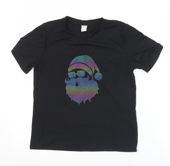 SheIn Girls Black  Polyester Basic T-Shirt Size 8 Years Crew Neck  - Christmas