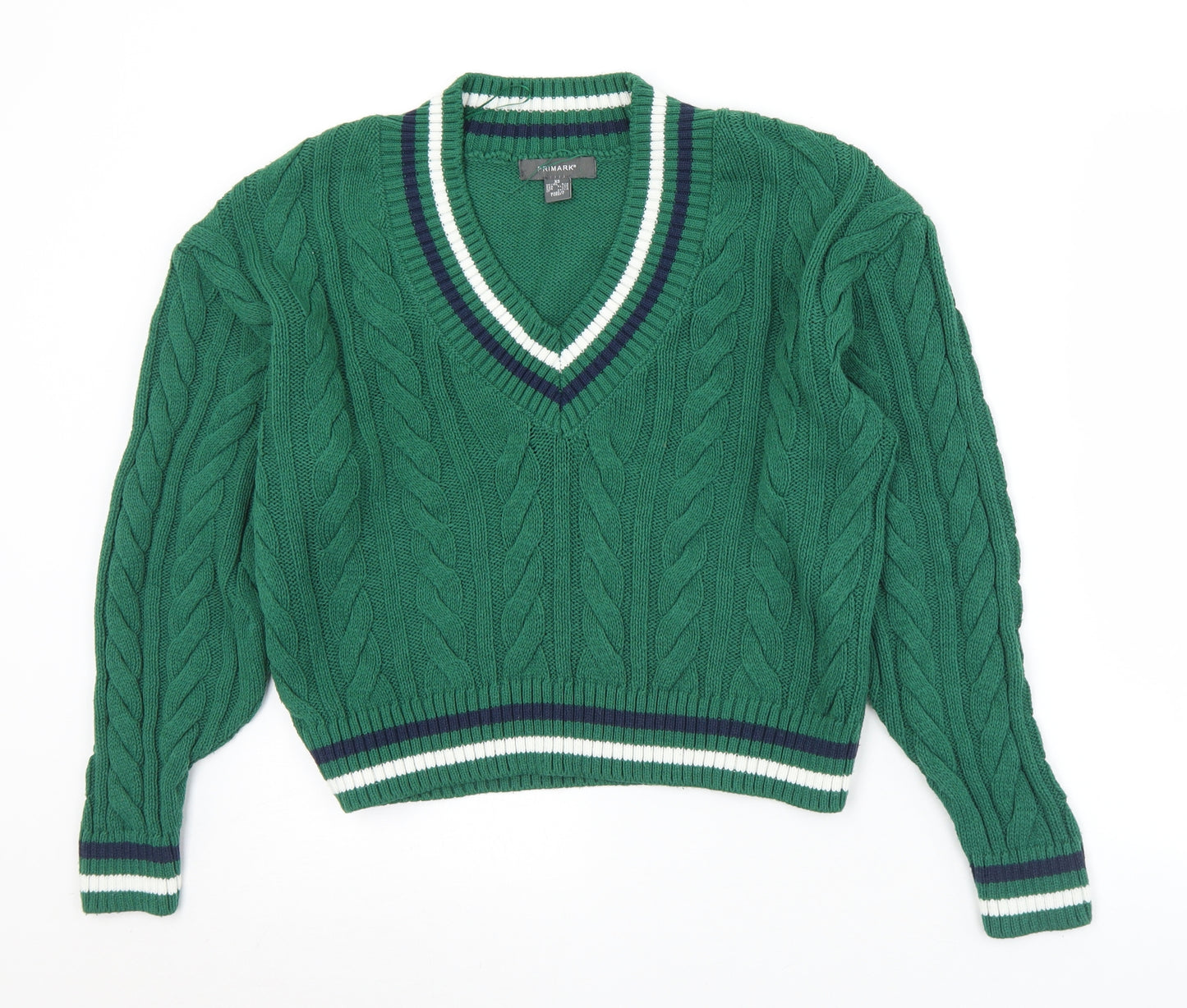Primark Womens Green V-Neck Striped Acrylic Pullover Jumper Size 6   - 6/8