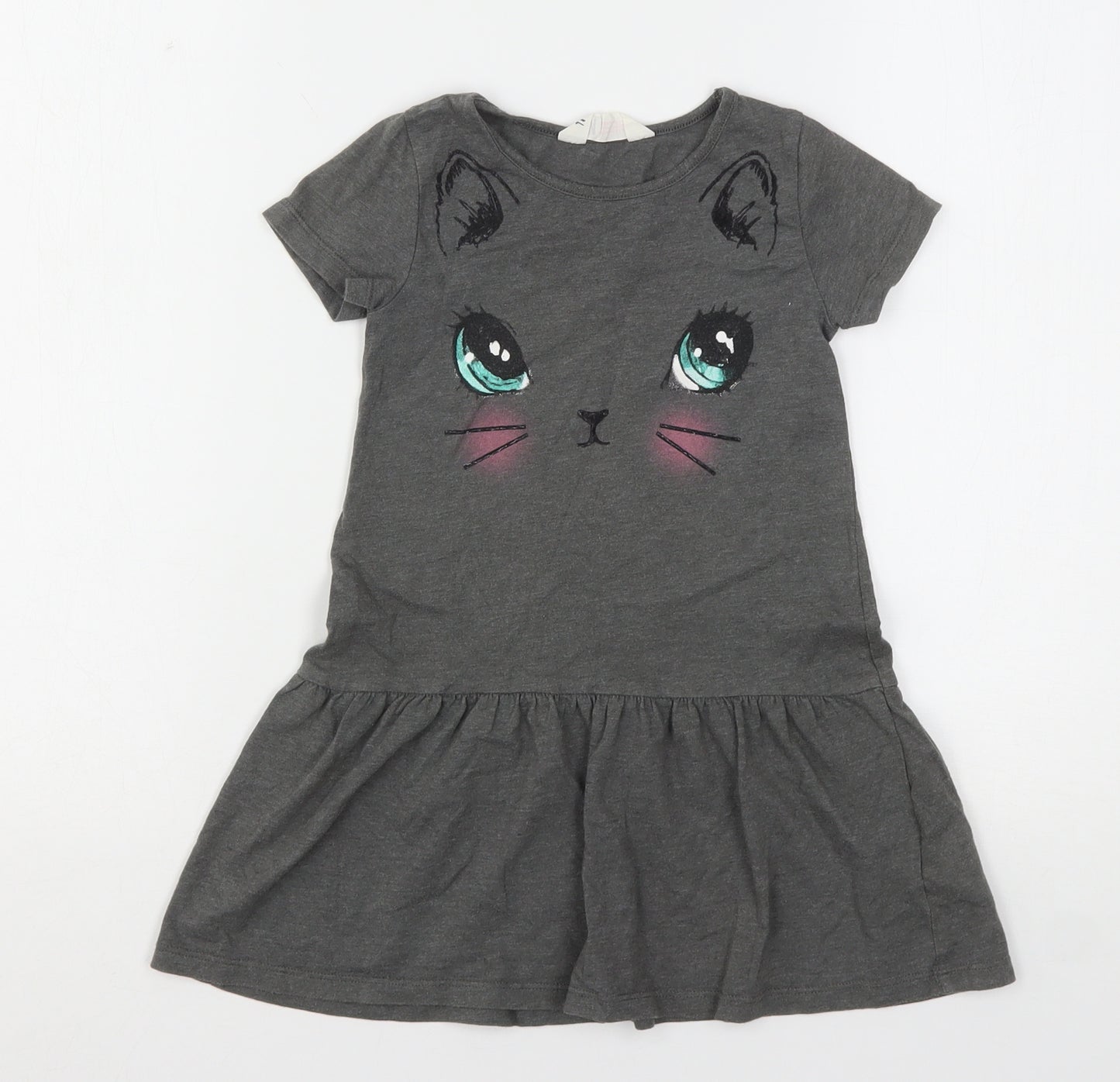 H&M Girls Grey  Cotton T-Shirt Dress  Size 3-4 Years  Round Neck  - Cat