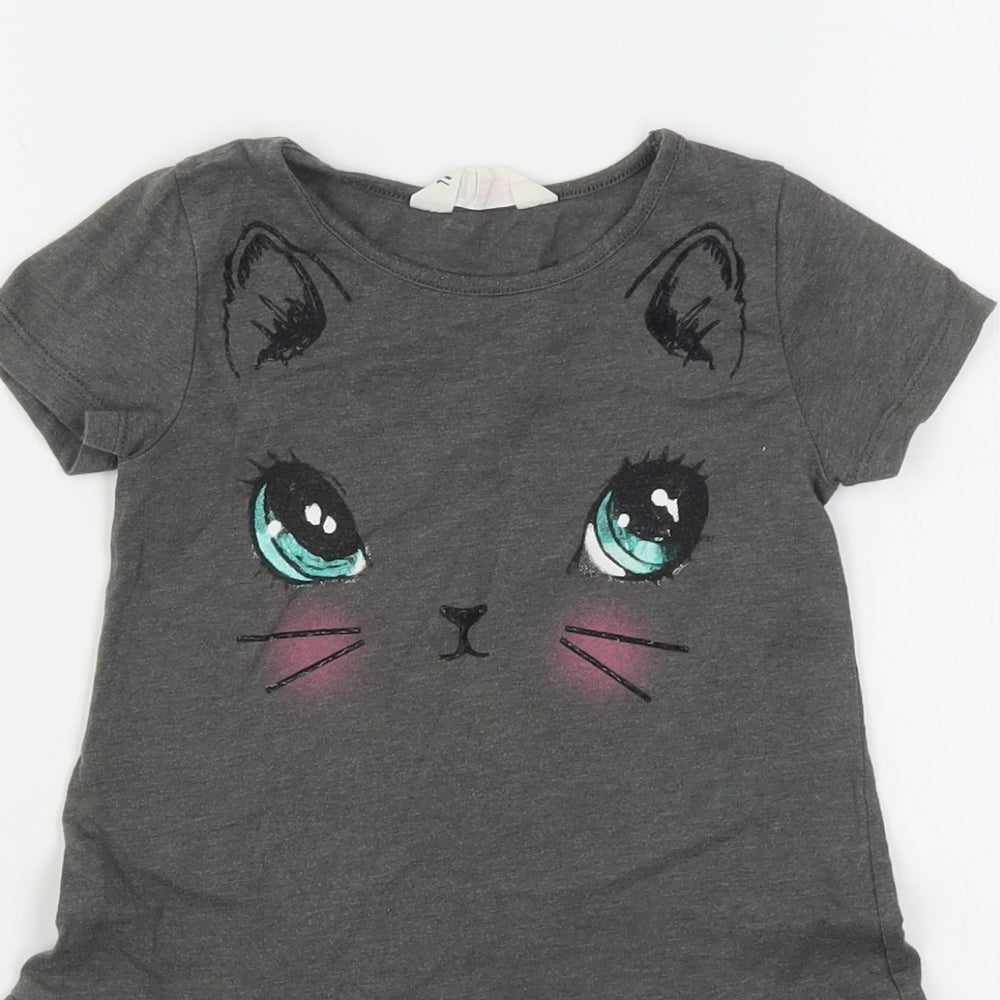 H&M Girls Grey  Cotton T-Shirt Dress  Size 3-4 Years  Round Neck  - Cat