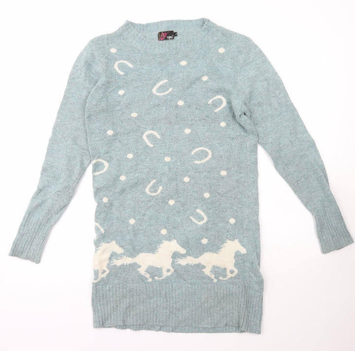 Yumi Womens Blue Boat Neck  Wool Pullover Jumper Size S