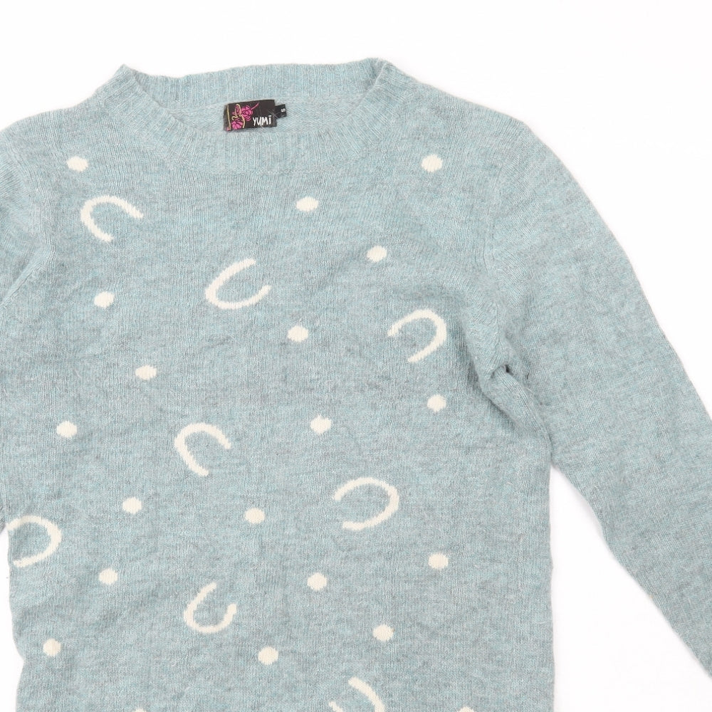 Yumi Womens Blue Boat Neck  Wool Pullover Jumper Size S