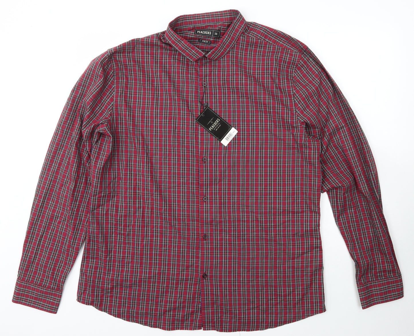 Peacocks Mens Red Check Cotton  Button-Up Size 2XL Collared Button