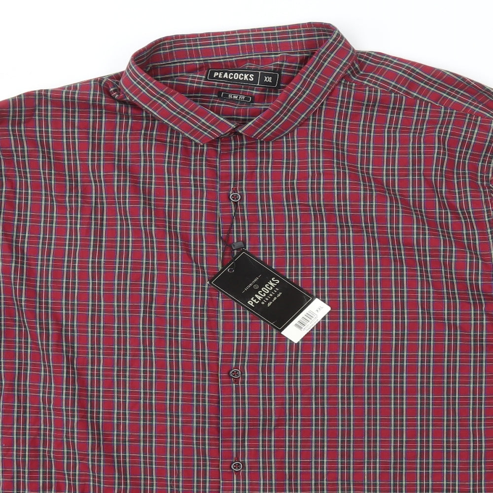Peacocks Mens Red Check Cotton  Button-Up Size 2XL Collared Button