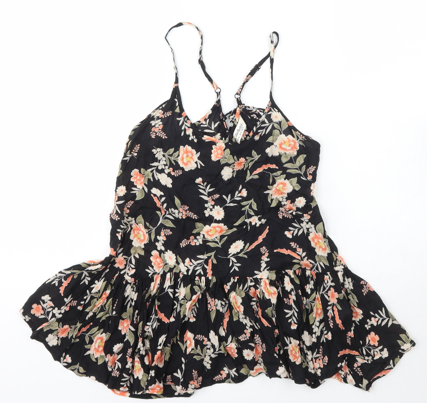 Miss Selfridge Womens Black Floral Viscose Basic T-Shirt Size 8 Scoop Neck