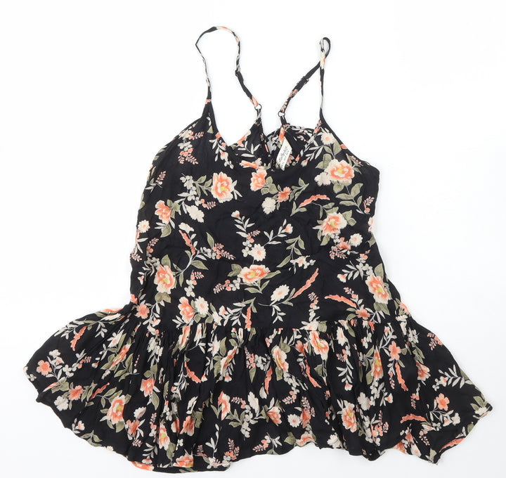Miss Selfridge Womens Black Floral Viscose Basic T-Shirt Size 8 Scoop Neck