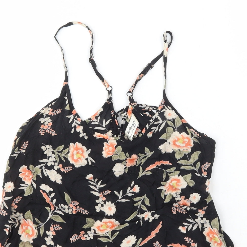 Miss Selfridge Womens Black Floral Viscose Basic T-Shirt Size 8 Scoop Neck