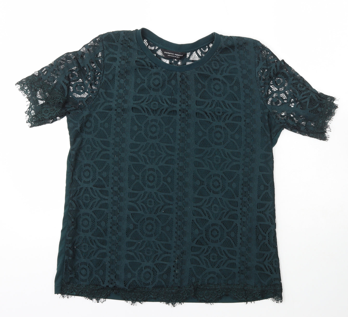 Dorothy Perkins Womens Green Floral Polyester Basic T-Shirt Size 14 Scoop Neck