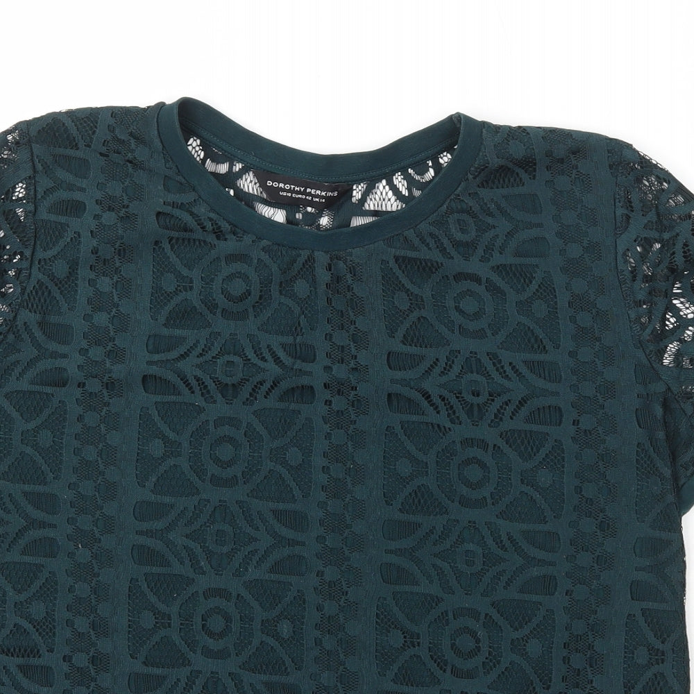Dorothy Perkins Womens Green Floral Polyester Basic T-Shirt Size 14 Scoop Neck