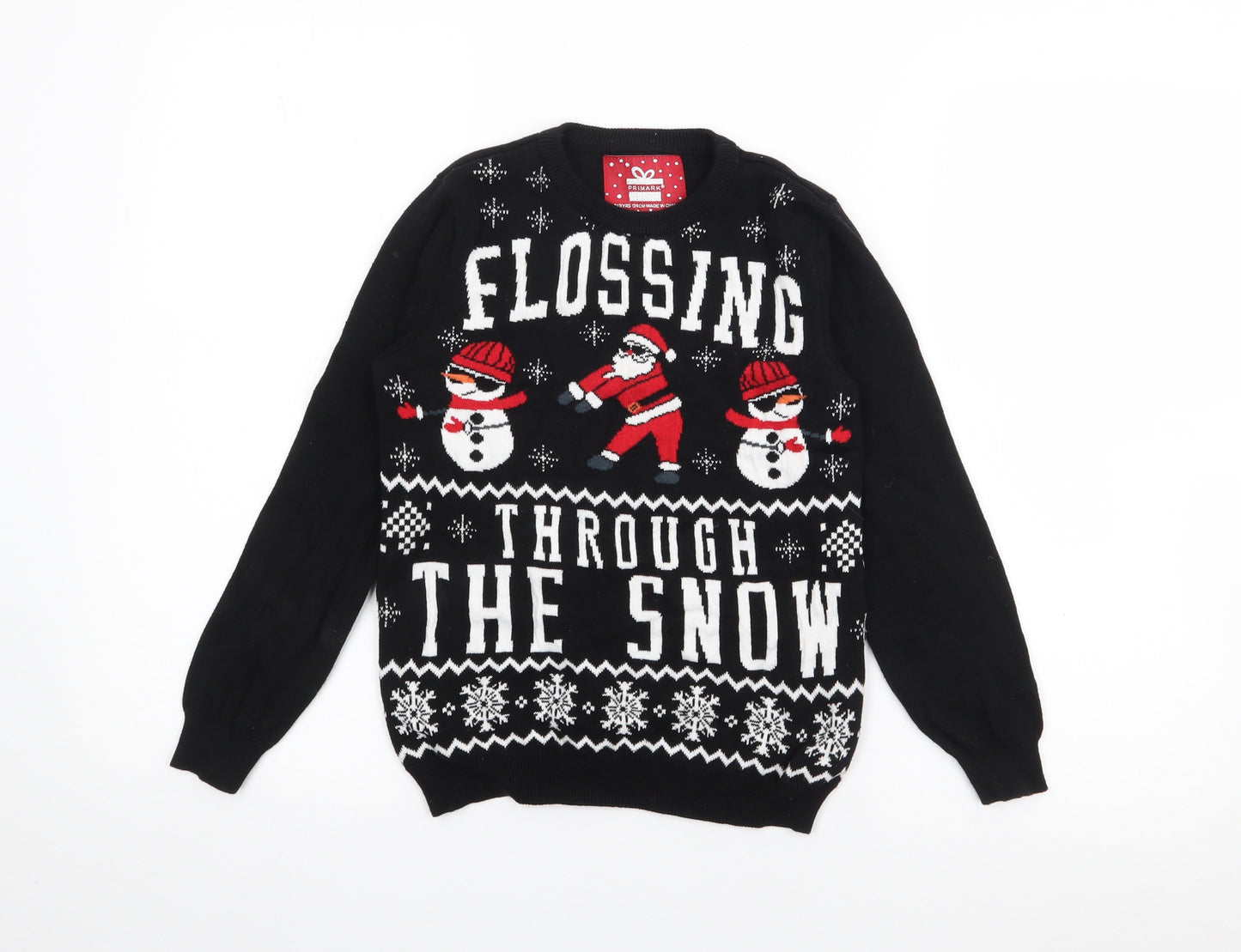 Primark Boys Black Crew Neck  Cotton Pullover Jumper Size 8-9 Years   - Flossing Christmas Jumper