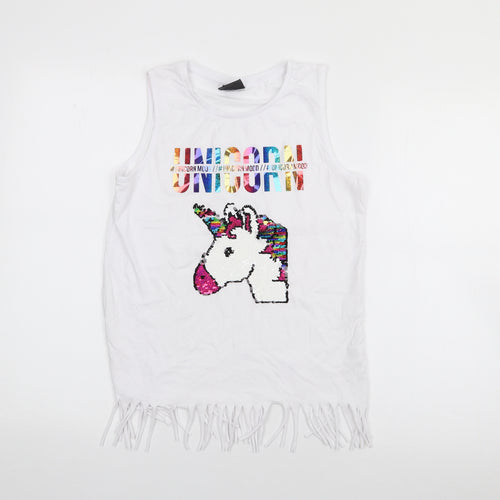 Primark Girls White  Cotton Camisole Tank Size 11-12 Years Scoop Neck  - Unicorn