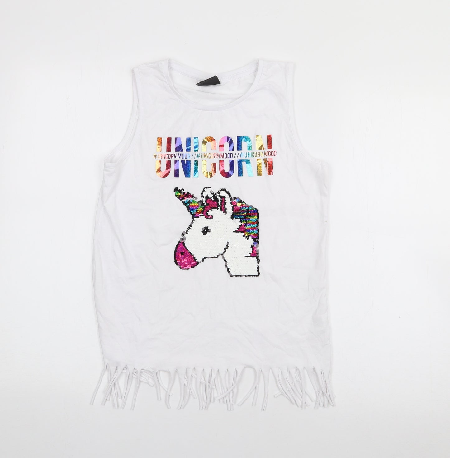 Primark Girls White  Cotton Camisole Tank Size 11-12 Years Scoop Neck  - Unicorn