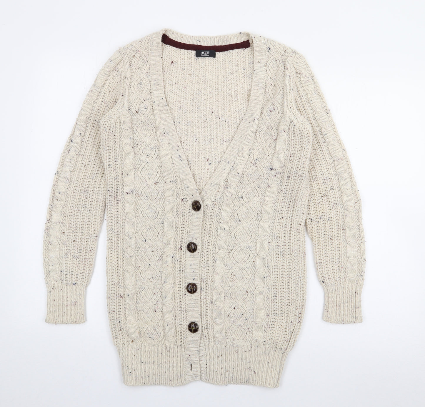F&F Womens Beige V-Neck  Acrylic Cardigan Jumper Size 8