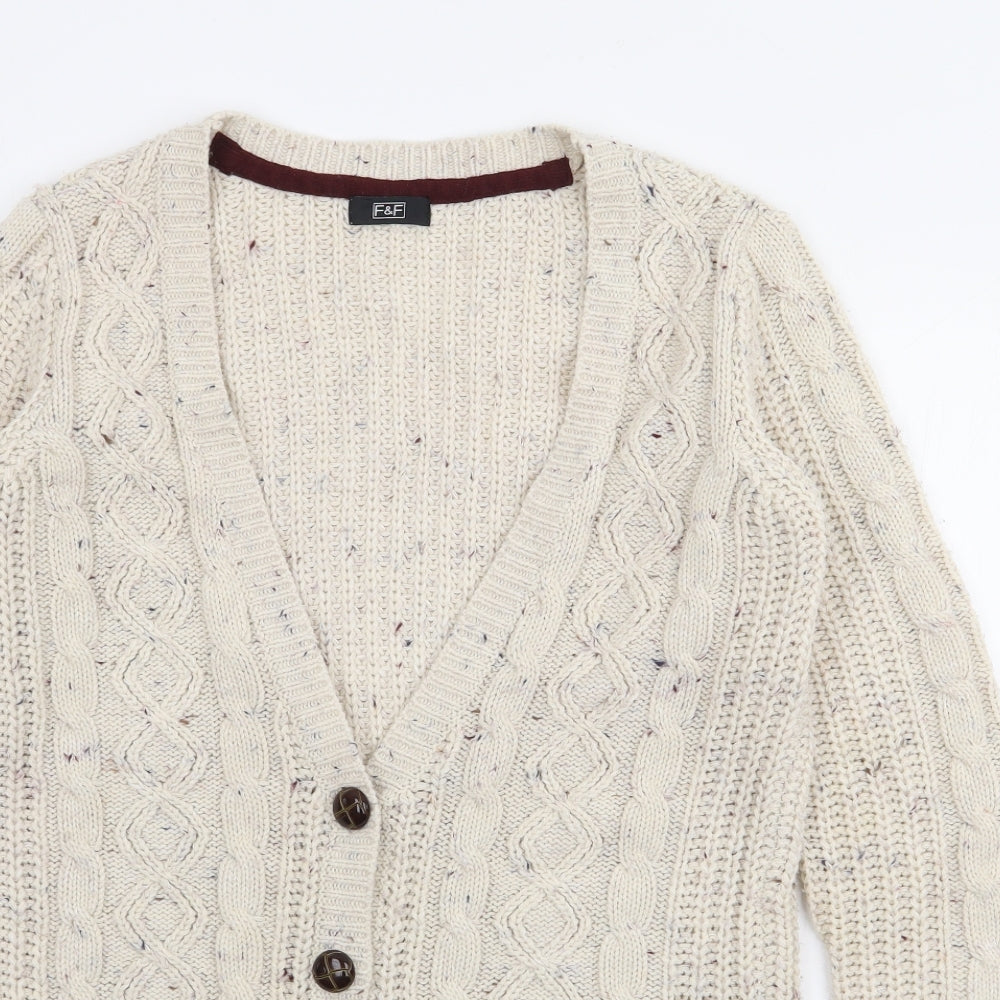F&F Womens Beige V-Neck  Acrylic Cardigan Jumper Size 8