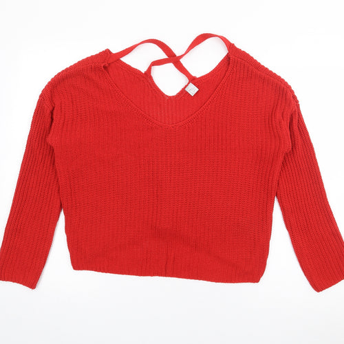 H&M Womens Red V-Neck  Acrylic Pullover Jumper Size S