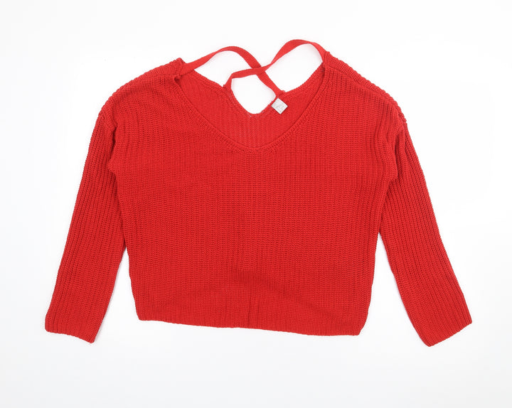 H&M Womens Red V-Neck  Acrylic Pullover Jumper Size S